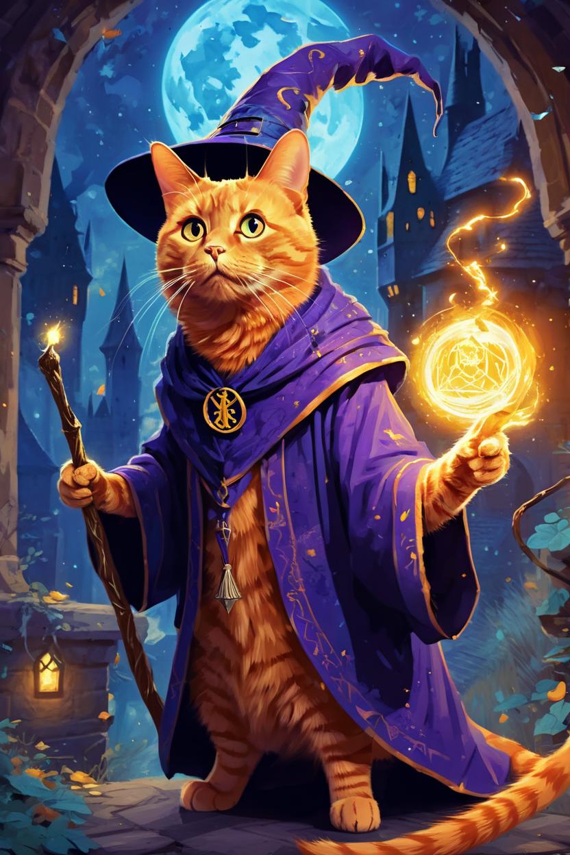 Artificial Intelligence (AI) generated image art, cat as a wizard, fantasy art, Harry Potter, medium shot, asymmetrical, intricate, elegant, illustration, by rhads, by greg rutkowski, by greg tocchini, by james gilleard, by joe fenton purple blue light with orange yellow glow Hogwarts wizard orange cat