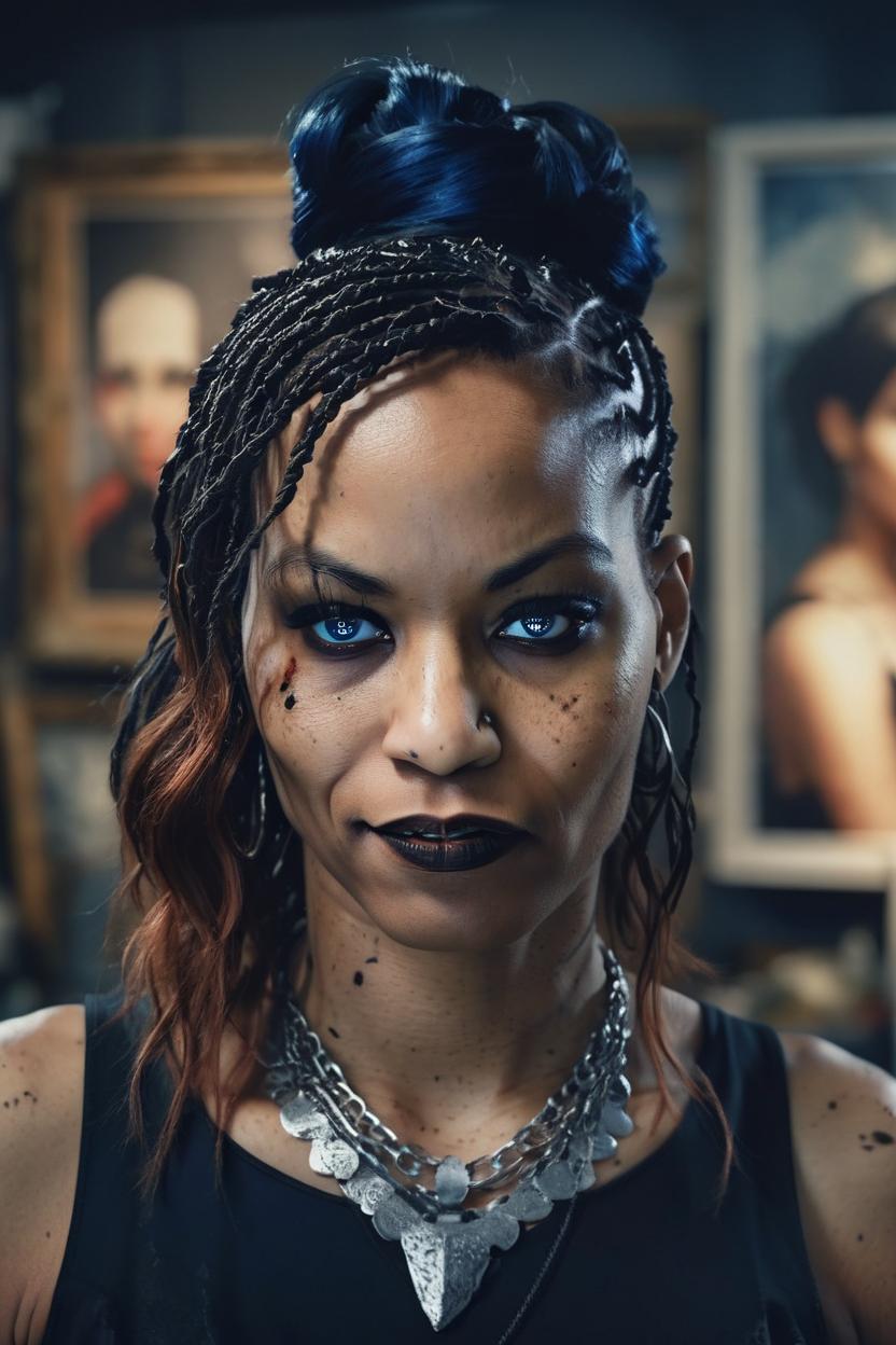 Artificial Intelligence (AI) generated image art, woman,a full body, head to toe, wide shot, portrait photograph of a crazy beautiful young woman painter in her studio with vampire fangs, wearing a black dress and silver necklace, copper brown hair, dark blue eyes, dof, sharp focus, calm face, highly detailed face, symmetric face, 4 k, cinestill 800 t, exif, raw, photography by paolo roversi