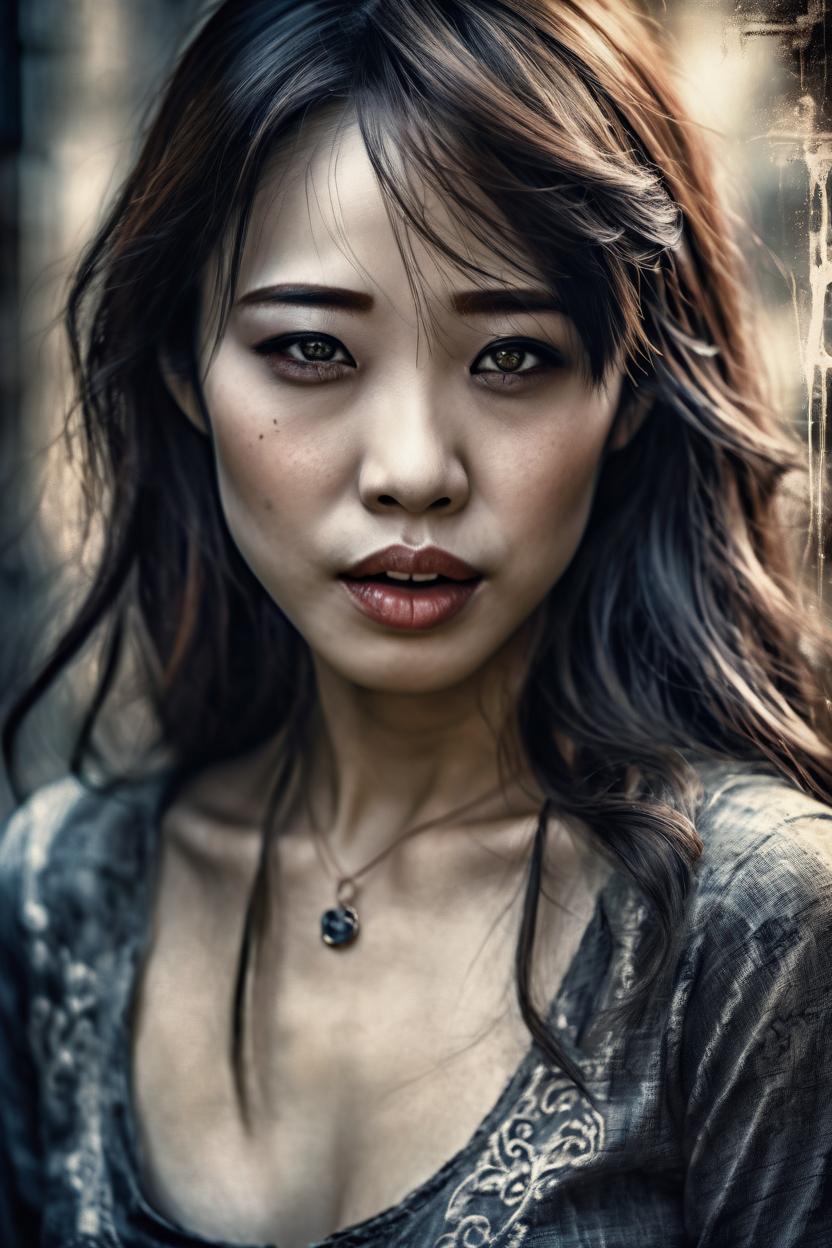 Artificial Intelligence (AI) generated image art, A very detailed ((3/4 body view)) of woman in Luis Royo fantasy style ((small empty area above the head)). A very beautiful and striking female beauty, very detailed rendering, open, very long hair with soft waves framing the face, with ((eerily beautiful dark but sad eyes)), very detailed, intensely fearful and eerily creepy expression)), dressed in a few dirty rags, with bare legs and feet. Very advanced settings, 8K resolution, clear and sharp focus on all advanced details, intricately interwoven colour tones and intricate strokes, gently contrasting with elegant lines and sharp edges, advanced lithographic style, advanced film grain, bokeh and a blurred foreground and background, accompanied by advanced volumetric lithographic effects with stone wash giving a subtle silhouette reminiscent of either Jeremy Mann or Raphael Sanzio, Luis Royo or Julie Bell, against a (burlap texture) that gives an advanced lithographic touch, highest quality.