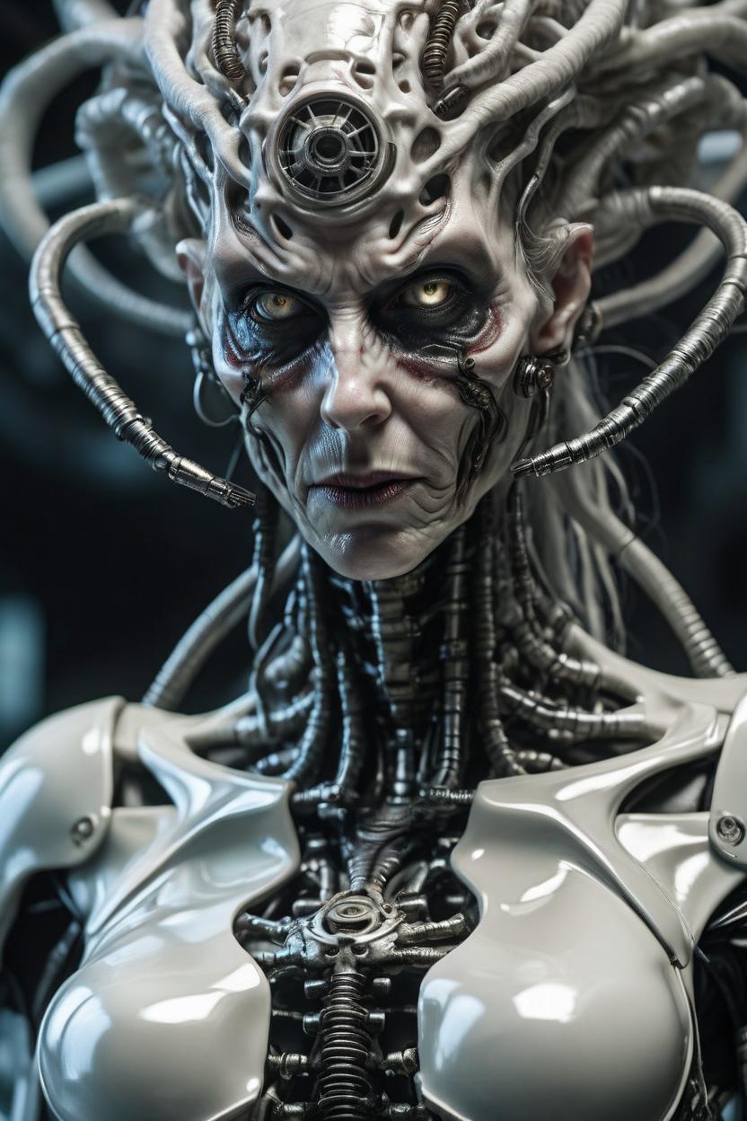 Artificial Intelligence (AI) generated image art, woman, (small background area above head), slimy, creepy female cyborg demon, different full body modelposition, high detailed cinematic background ,inspired by H.R Giger,Jean Ansell and Justin Gerard, H.P.Lovecraft, Miki Asai Macro photography, close-up, hyper detailed, trending on artstation, sharp focus, studio photo, intricate details, highly detailed, by greg rutkowski
