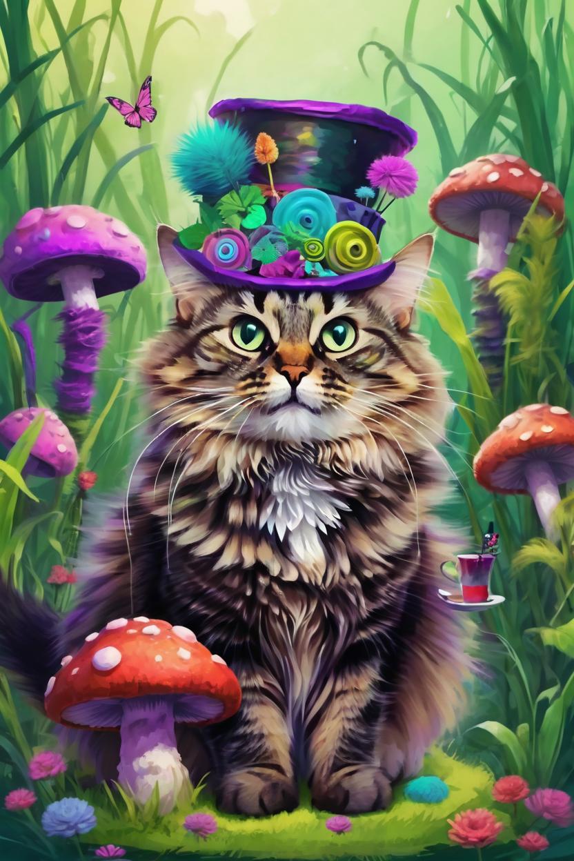 Artificial Intelligence (AI) generated image art, cat, as the Cheshire Catnfull body shot, vector illustration of a techno wonderland, very colorful,  wearing mad hatter's hat and big green yellow eyes, fluffy body with tints of purple and pink in her fur sitting on a giant neon mushroom while having tea and talking to the flowers and the green and blue hookah smoking caterpillar puffs purple smoke out in circle form, she is laughing delightedly while behind her the red queen peeks about from behind the giant grass stalks, were all mad here, colorful, wacky, wonderland