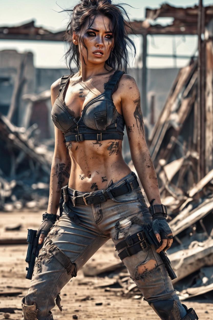 Artificial Intelligence (AI) generated image art, woman, full body (((small empty area above top of the head))), long-shot, key visual, female bandit in a post-apocalyptic wasteland, highly detailed, breathtaking beauty, comprehensive cinematic, torn and dirty clothing, dynamic defensive pose, best quality, ultra sharp focus, Takeshi Obata