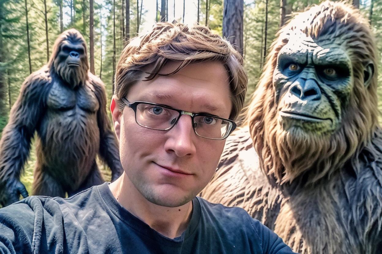 Artificial Intelligence (AI) generated image art, beautiful man, taking a selfie with Sasquatch, looking at the camera, natural lighting, hyperrealistic, wide angle, cinematic