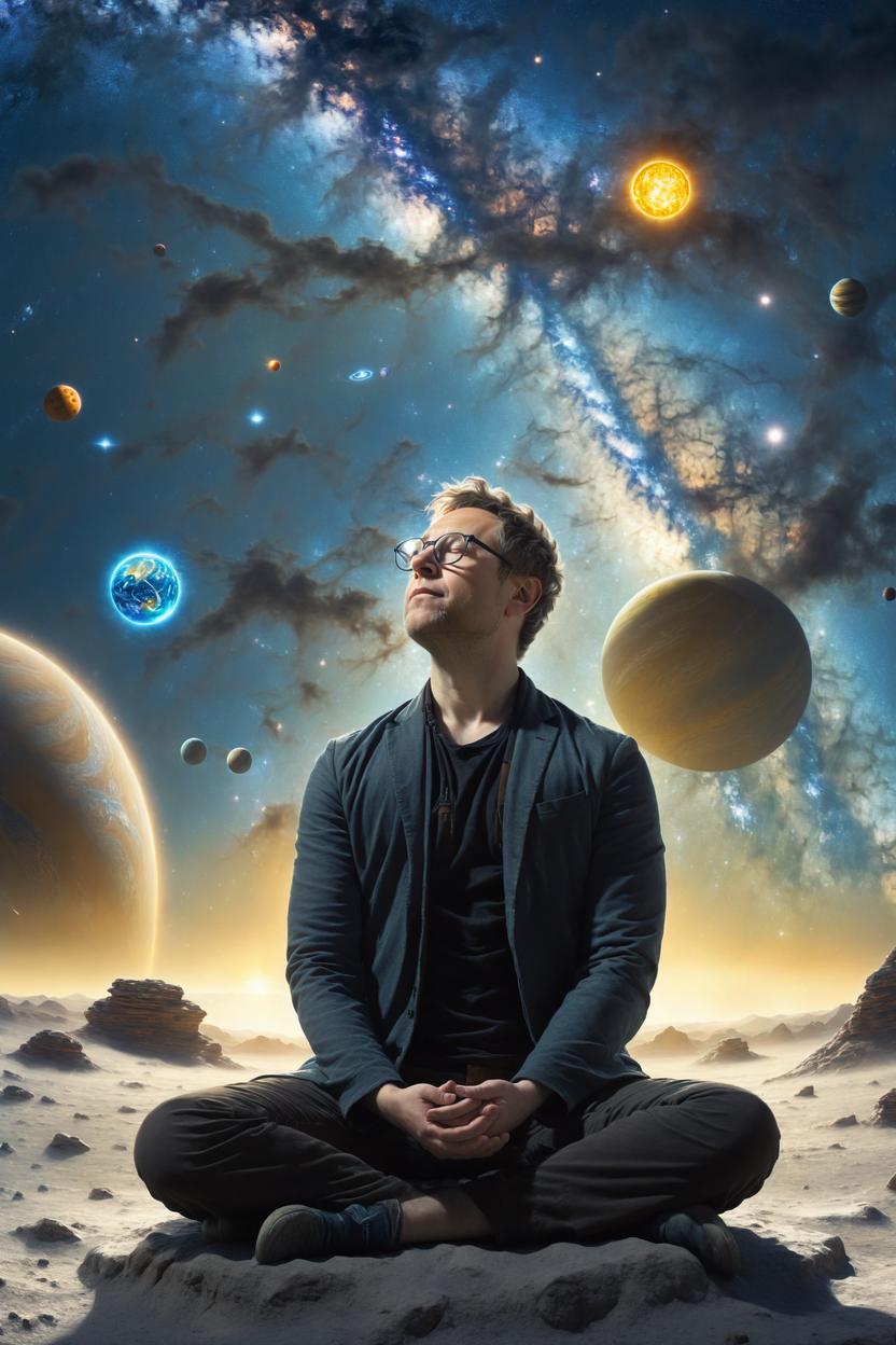Artificial Intelligence (AI) generated image art, Panorama shot of man who is meditating in the wide open space of the universe. The Milky way, Suns and planets are seen. Highly detailed. In the style of art by greg rutkowski, man is covered in light. Cinematic and epic