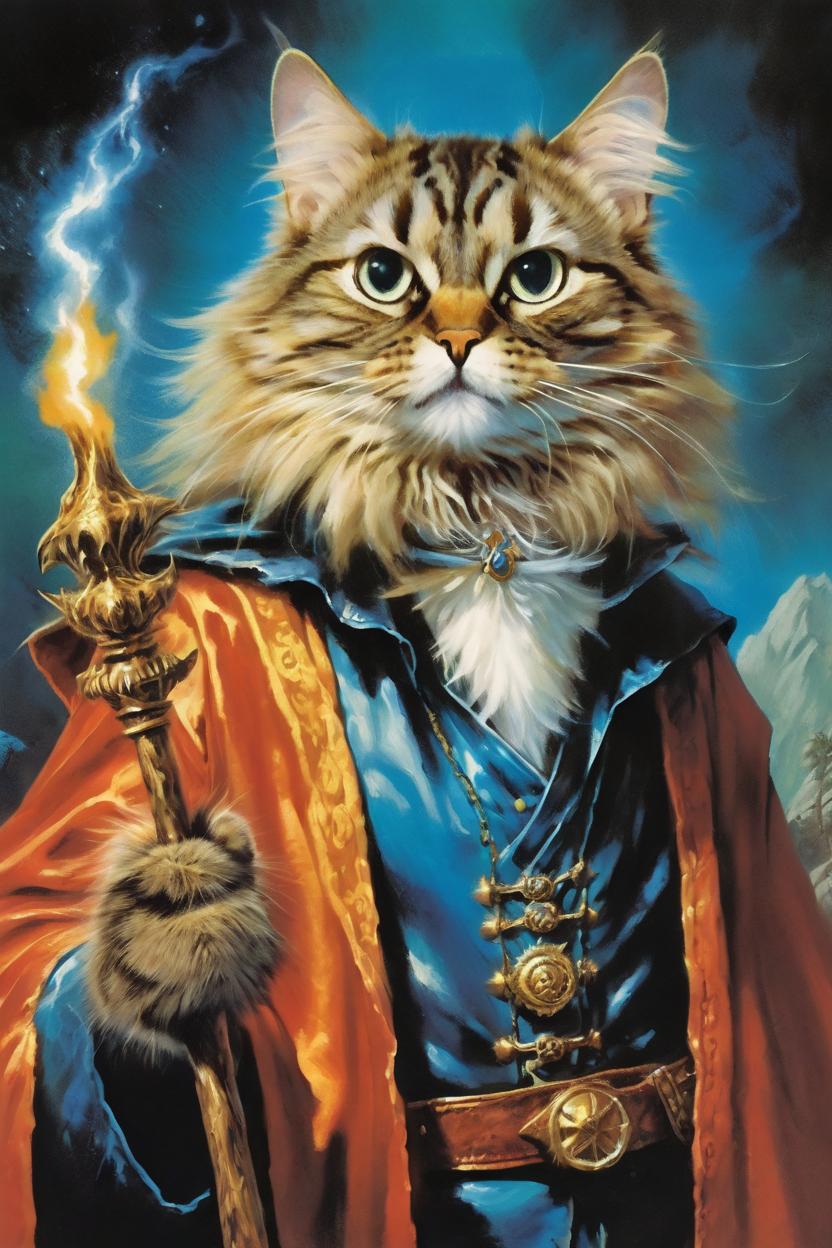 Artificial Intelligence (AI) generated image art, (classic fantasy pulp book cover art), (cat) as fantasy wizard cat, illustration, art by Boris Vallejo, 80s fantasy art, portrait, landscape