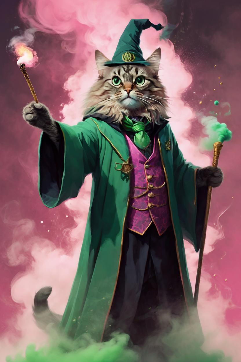 Artificial Intelligence (AI) generated image art, cat as a wizard, fantasy art, Harry Potter, medium shot, pink and green smoke in background asymmetrical, intricate, elegant, illustration, by rhads, by greg rutkowski, by greg tocchini, by james gilleard, by joe fenton