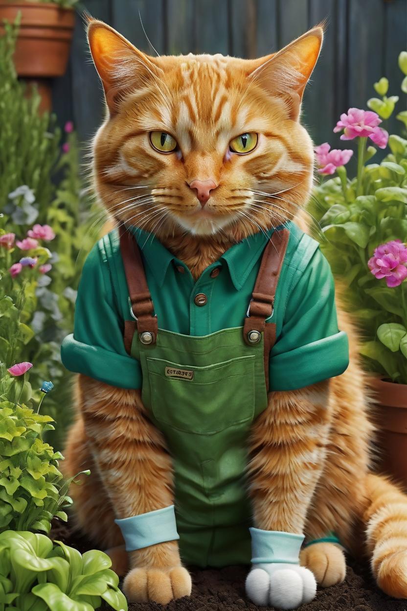 Artificial Intelligence (AI) generated image art, cat, Realistic, gardener,