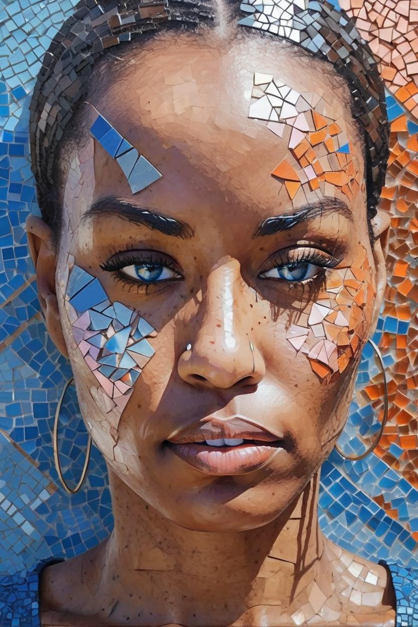 Artificial Intelligence (AI) generated image art, woman, A close-up portrait of a woman's face in a mosaic collage style. The woman is facing forward symmetrically with her blue eyes being the most detailed, making direct contact with the viewer. Her skin is depicted with warm tones of orange and brown, contrasting with cool tones of blue and gray in the shards. The geometric shapes composing her face resemble shattered glass or tiles, with dynamic textures and varied colors. Her lips are slightly parted, in a soft pink hue, adding a natural touch to the abstract and angular composition.