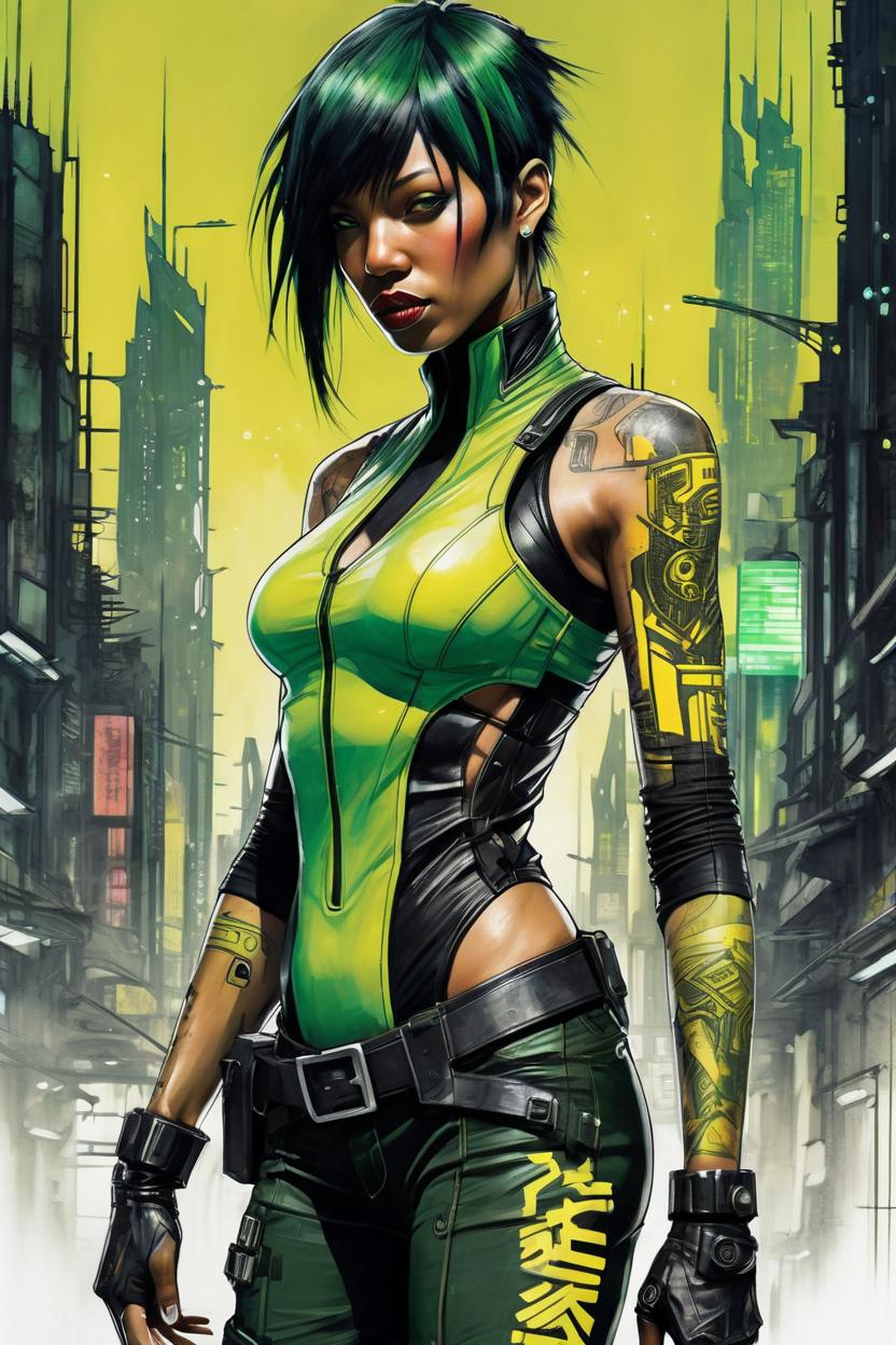 Artificial Intelligence (AI) generated image art, An edgy, modernist full body view of black-haired woman, ((leave small empty area upon top of the head)), a cyberpunk rebel dressed in green and yellow in the strange-looking dark and steamy streets of a futuristic-grotesque metropolis with hints of Blade Runner, in the graphic style of Yoji Shinkawa, accurate and detailed coloured line-drawing with watercolour, high-tech tattoos glowing against a backdrop of futuristic skyscrapers, rebellious spirit