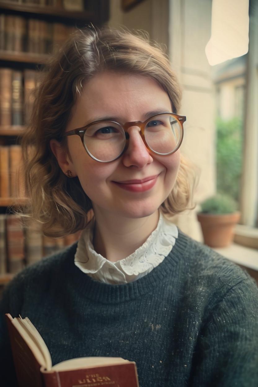 Artificial Intelligence (AI) generated image art, woman, 27 years old, closeup, looking far off into distance, (85 mm lens), (film photography), gaussian blur, antique book background, soft lighting