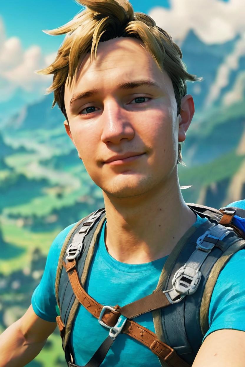 Artificial Intelligence (AI) generated image art, man as young Link from Breath of The Wild, (portrait), paragliding down into Hyrule valley, concept art, 8K