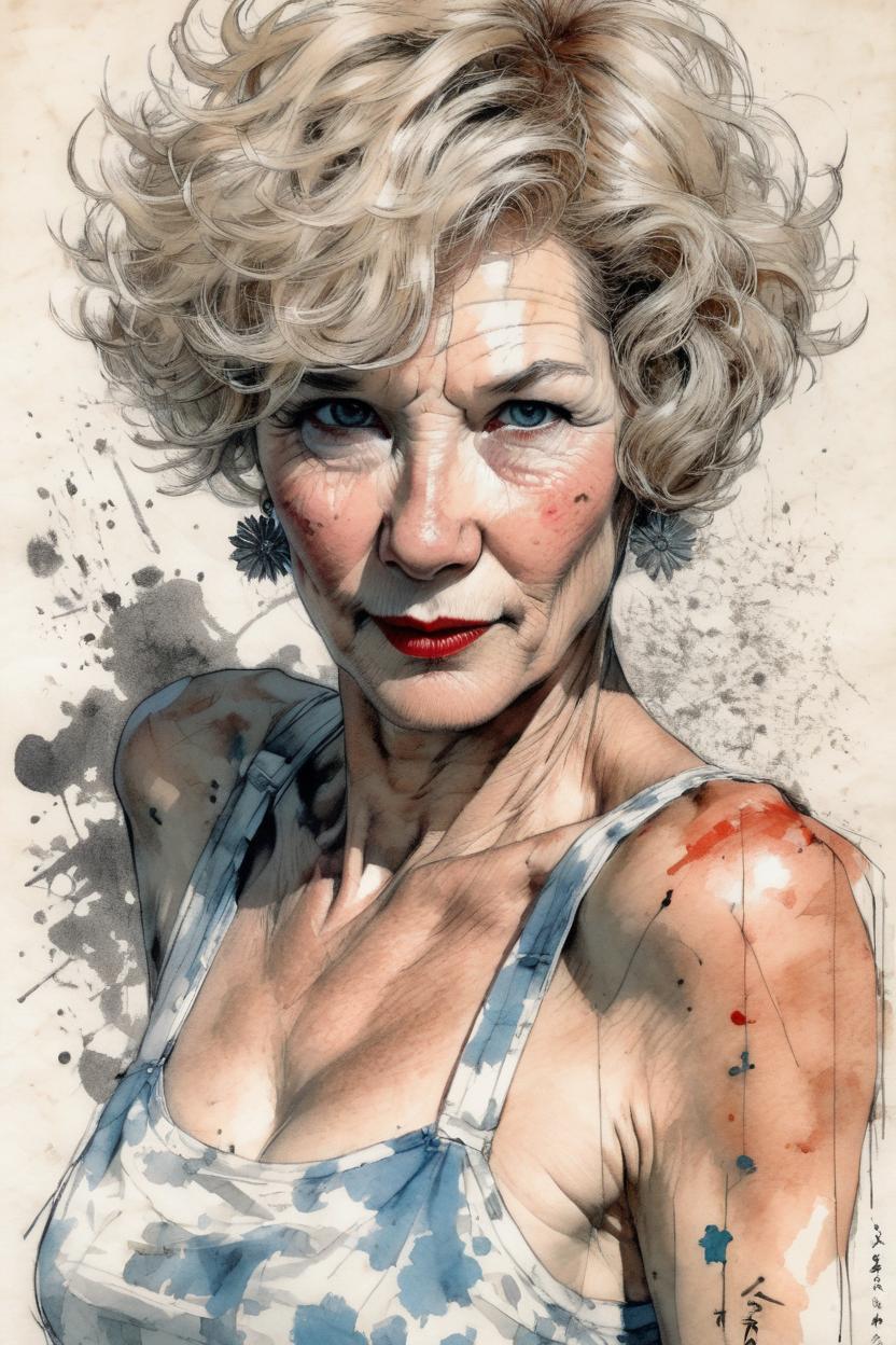 Artificial Intelligence (AI) generated image art, handsome ((fullbody view)) of beautiful female woman, (((small empty area above head))), (coloured ink drawing), ((art by yoji shinkawa))