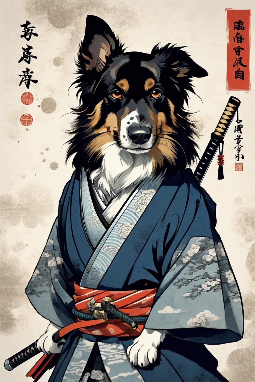 Artificial Intelligence (AI) generated image art, ((dog)), (ukiyo-e), as a Samurai, anthropomorphic, noble warrior, looking into the distance, sword sheathed, half flopped ears