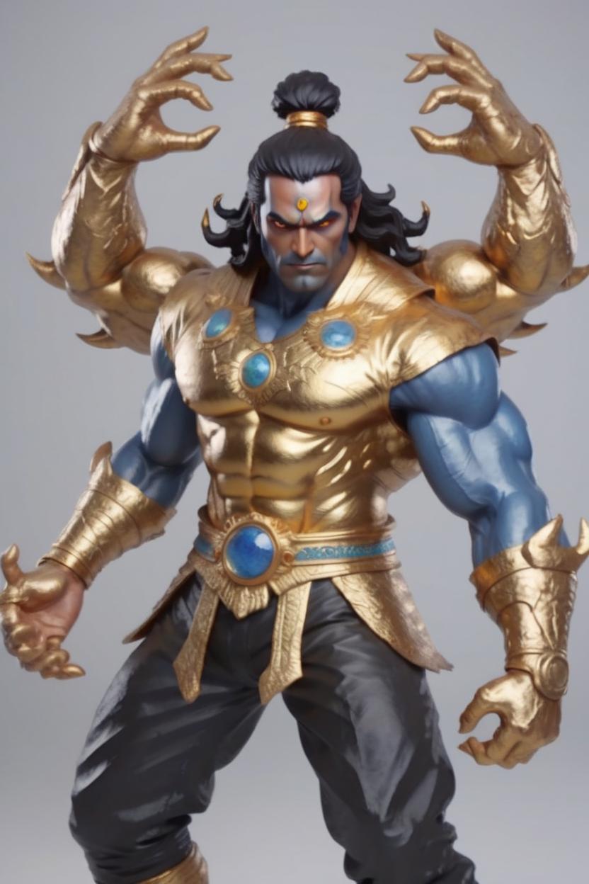 Artificial Intelligence (AI) generated image art, man masterpiece, concept art, mid shot, dynamic pose, centered, splash art, shiva the destroyer of worlds, six arms, golden eyes