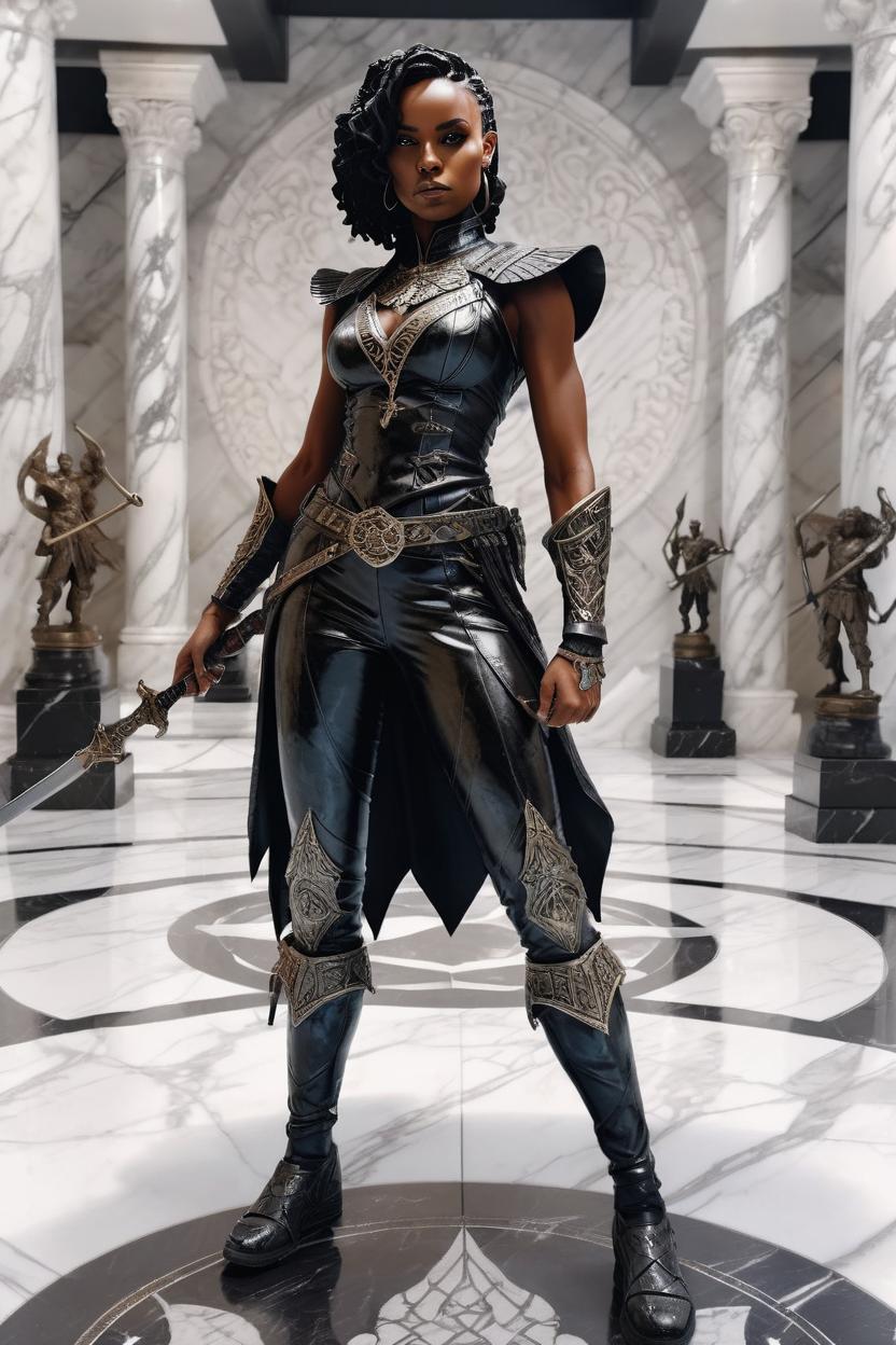 Artificial Intelligence (AI) generated image art, woman, gorgeous leggy dark onyx black-skinned female dnd fighter mage standing on marble floors, inspirational, ornate statues in background, detailed brushwork on the face, weapon in hand, opalescent undertones