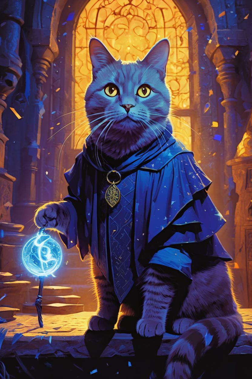 Artificial Intelligence (AI) generated image art, cat as a wizard, fantasy art, Harry Potter, medium shot, asymmetrical, intricate, elegant, illustration, by rhads, by greg rutkowski, by greg tocchini, by james gilleard, by joe fenton purple blue light with orange yellow glow Hogwarts wizard orange cat