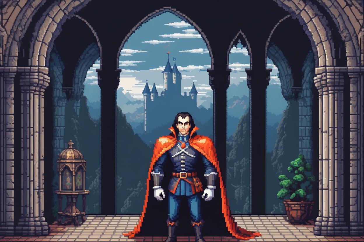 Artificial Intelligence (AI) generated image art, man, (8 bit pixel art), castelvania's hero, in castle dracula, pixel art, digitally enhanced, retro video game pixel graphics, castlevania