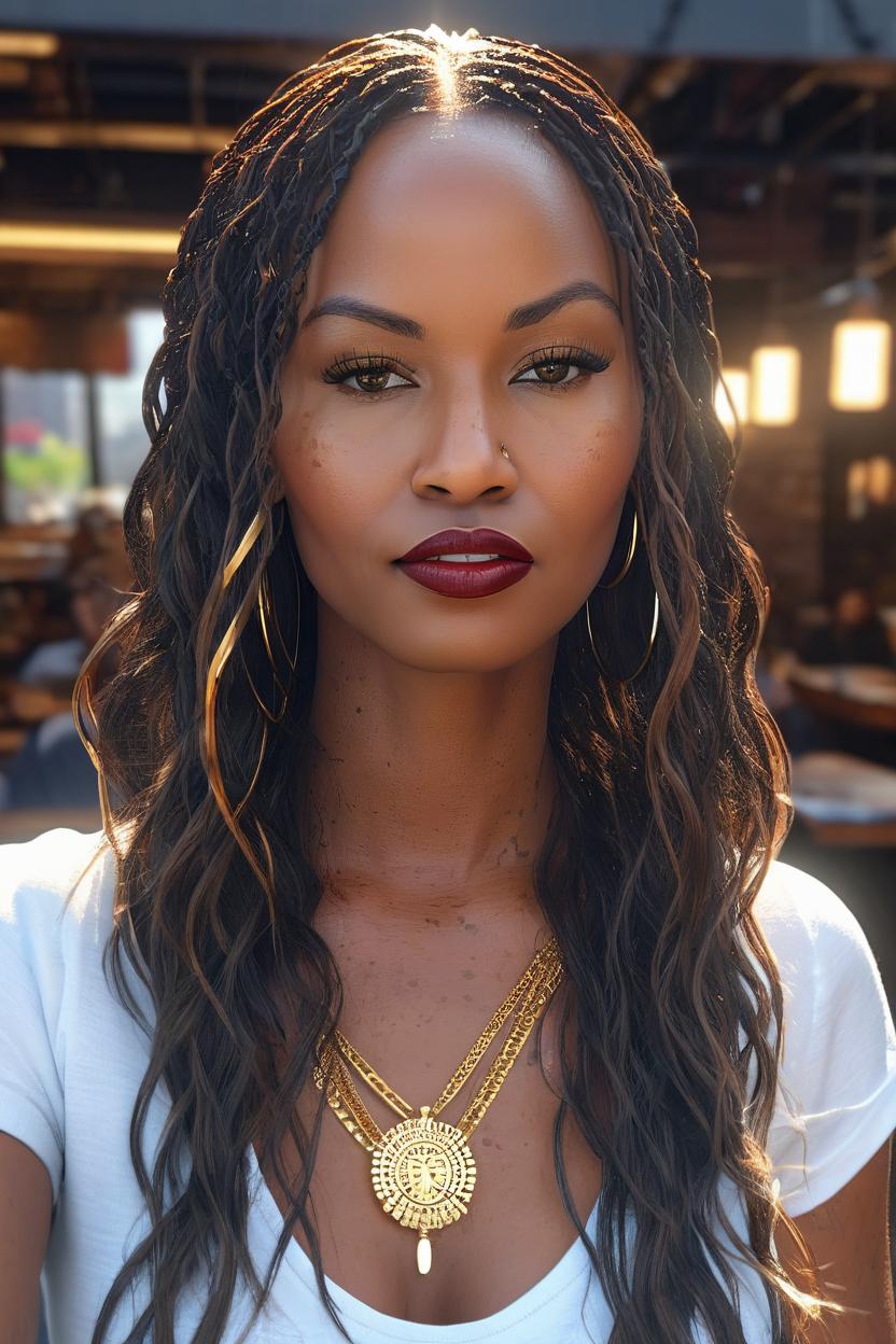 Artificial Intelligence (AI) generated image art, woman, full body of a beautiful, gorgeous brown skin, shapely black female goddess of war with long flowing hair, perfect dark skin, perfect face, full lips most beautiful woman in the world, shapely hour-glass figure, a a dark skin hero wearing a white T-shirt, jeans, and gold accessories, in New York City, full body, 8k resolution concept art portrait dynamic lighting hyperdetailed intricately detailed splash art trending on artstation unreal engine 5 volumetric lighting