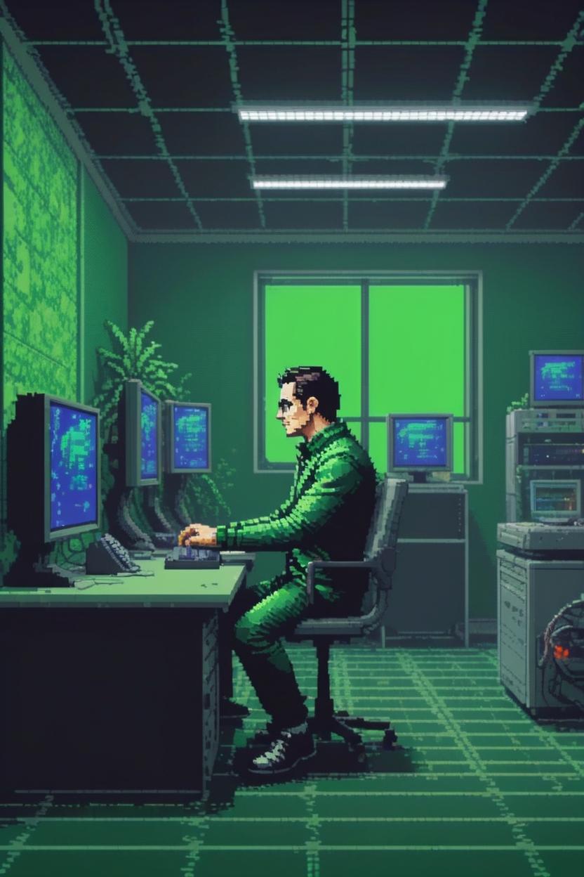 Artificial Intelligence (AI) generated image art, man, (8 bit pixel art), hacker, in a green hightech computer room, pixel art, digitally enhanced, retro video game pixel graphics, mr robot, cyberpunk, for professional usage