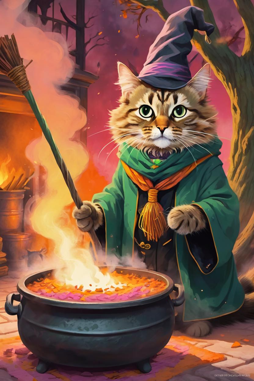 Artificial Intelligence (AI) generated image art, cat as a wizard, fantasy art, Harry Potter, medium shot, asymmetrical, intricate, elegant,  pink and green smoke comming from cauldron in front of her, broomstick in background resting against tree orange yellow red embers comming from beneath cauldron illustration, by rhads, by greg rutkowski, by greg tocchini, by james gilleard, by joe fenton