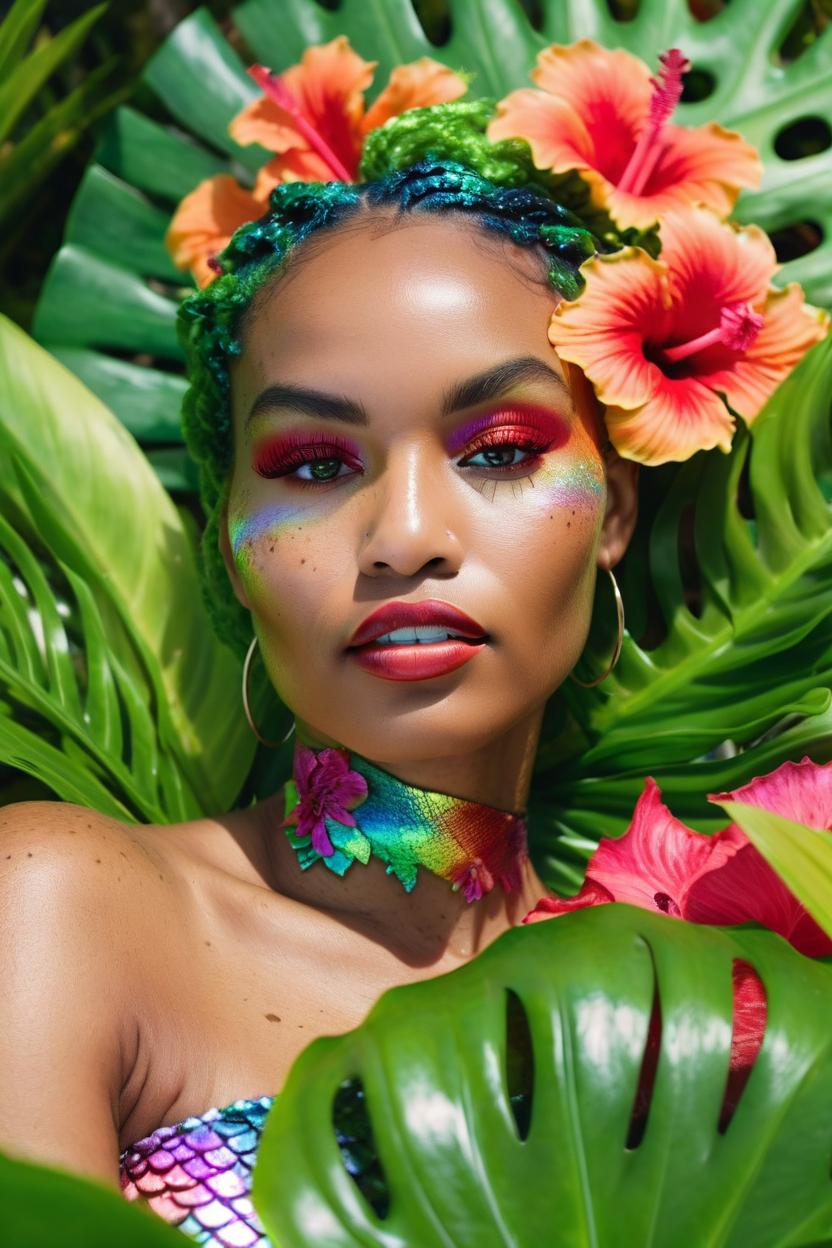 Artificial Intelligence (AI) generated image art, woman, Fashion editorial for Vogue, featuring a shooting of natural dewy iridescent prism glow makeup on a beautiful mermaid lying face up on a Hawaiian island, surrounded by green monstera plants and colorful hibiscus. The mermaid has a soft colored tail and the images are in high definition, high quality, 8K resolution, captured with an 85mm lens for ultra sharpness.