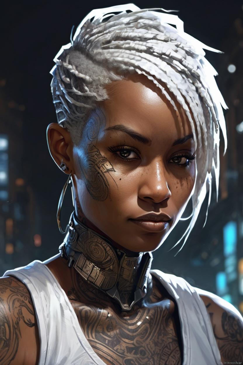 Artificial Intelligence (AI) generated image art, woman, Masterpiece, best quality, Extremely detailed, Beautiful shadows, cyberpunk style, Unity, Wallpaper, all the beauty of light brown African american woman with short white hair, sango fantasy, fantasy magic by Ricardo Fernandez Ortega, intricate, sharp focus, illustration, high detail, great depth of dark background, digital painting, intricate ink swirl by Jean Baptiste Monga concept art, matte, masterpiece by Karol Bak, Insanely detailed, Tattooed arms, Portrait, Realistic, Detailed face, by Christophe Young, Ilya Kuvshinov