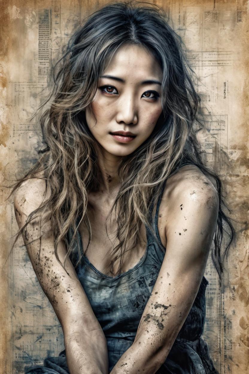 Artificial Intelligence (AI) generated image art, A very detailed ((full body view)) of woman in Luis Royo fantasy style ((leave small empty area above the top of the head)). A very beautiful and striking female beauty, very detailed rendering, open, very long hair with soft waves framing the face, with ((eerily beautiful dark but sad eyes)), very detailed, intensely fearful and eerily creepy expression)), dressed in a few dirty rags, with bare legs and feet. Very advanced settings, 8K resolution, clear and sharp focus on all advanced details, intricately interwoven colour tones and intricate strokes, gently contrasting with elegant lines and sharp edges, advanced lithographic style, advanced film grain, bokeh and a blurred foreground and background, accompanied by advanced volumetric lithographic effects with stone wash giving a subtle silhouette reminiscent of either Jeremy Mann or Raphael Sanzio, Luis Royo or Julie Bell, against a (burlap texture) that gives an advanced lithographic touch, highest quality.