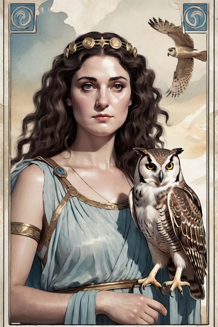 Artificial Intelligence (AI) generated image art, woman, as Greek goddess Athena, holding an owl in one hand, looking ethereal and serene, in the style of tarot card art