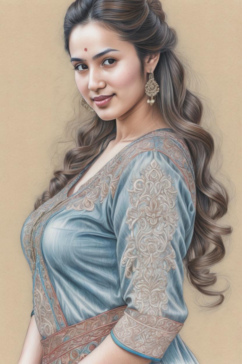 Artificial Intelligence (AI) generated image art, (((fullbody view))) of beautiful well-formed woman woman, ((small empty area above top of the head)), (colour-pencil), very detailled drawing, intricate, elegant posture, (full body), large bust, long hair