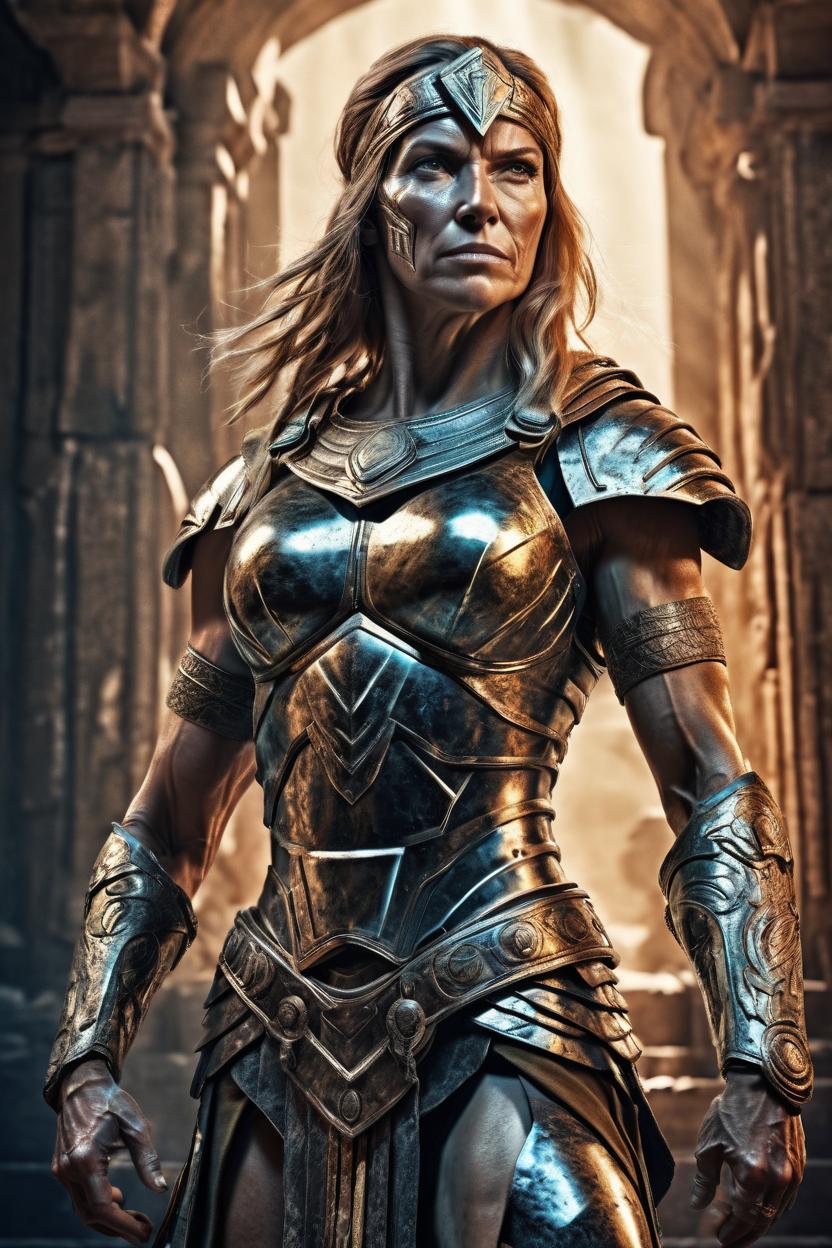 Artificial Intelligence (AI) generated image art, woman, handsome fullbody representation of a spartan woman ((small empty area above head)), powerful and myghty static gesture, radiant light, caustics, war hero, psychedelic dmt, by gaston bussiere, bayard wu, greg rutkowski, giger, maxim verehin