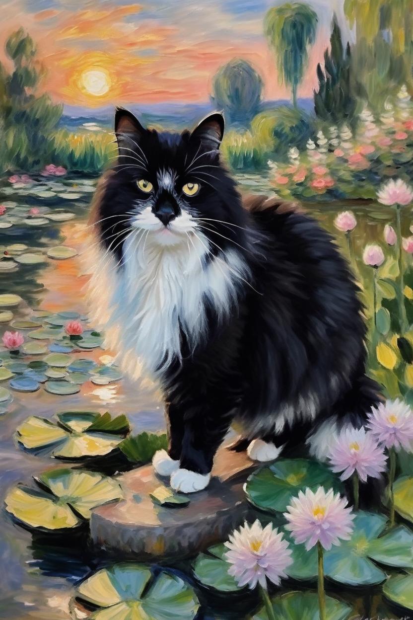 Artificial Intelligence (AI) generated image art, cute happy cat the cat, is black and white longhair cat,(portrait), (landscape mode), ((painting by claude monet)), flowers, sunset in background, looking in camera, standing beside waterlily pond, Claude Monet style, cute