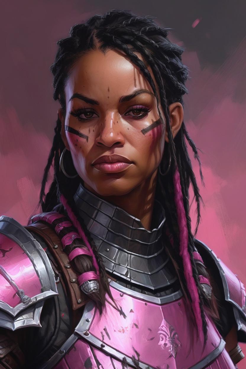 Artificial Intelligence (AI) generated image art, woman, a portrait of a very beautiful woman hunter in armor warcraft style armor. dark hair with stripes of pink, bored, illustration, soft lighting, soft details, painting oil on canvas by mark arian by artgerm, trending on artstation, 4k, 8k, hd - h 768