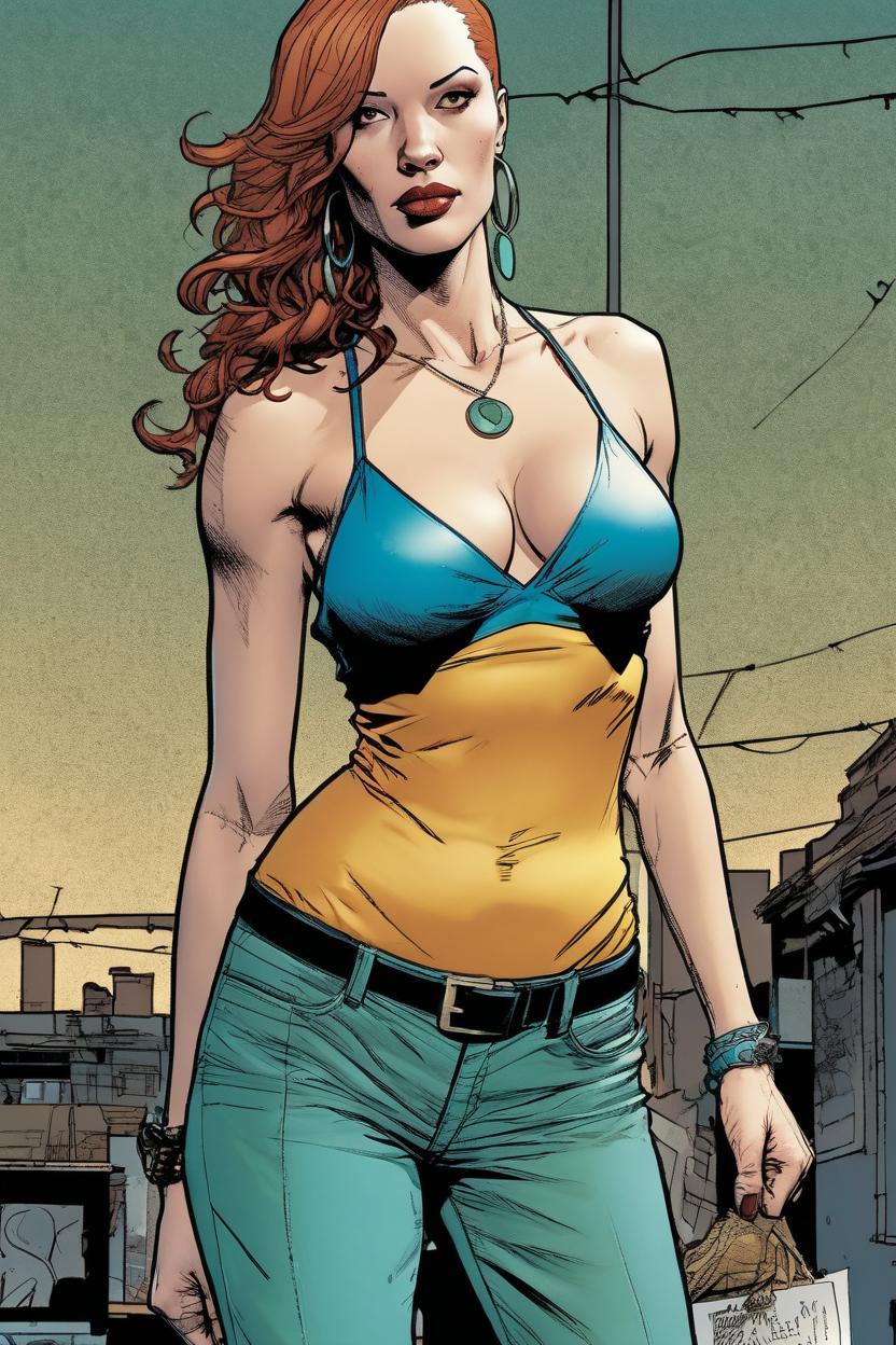 Artificial Intelligence (AI) generated image art, woman,\\\ beautiful female, ((dynamic fullbody view)), (((small empty area above head))), 2d colored vector artstyle, ((art by Marco Checchetto Marvel comic book)), colored, ((art by Mike Mignola, Fiona Staples, Bill Sienkiewicz, Moebius, P. Craig Russell, Walter Simonson))