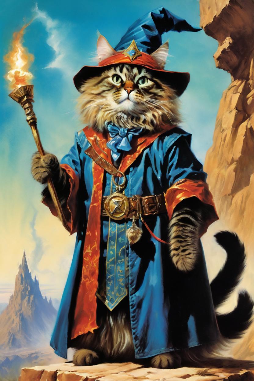 Artificial Intelligence (AI) generated image art, (classic fantasy pulp book cover art), (cat) as fantasy wizard cat, illustration, art by Boris Vallejo, 80s fantasy art, portrait, landscape