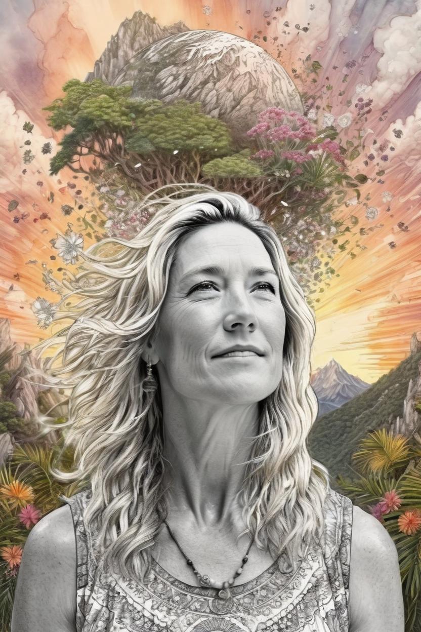 Artificial Intelligence (AI) generated image art, Nature exploding out a woman head, trees, flowers, mountain, sunset, nature mind, expressive creative art, surrealistic concept art, ethereal landscape in a cloud of magic coming out the top of a human head, incredible details, high-quality, flawless composition, masterpiece, behance, by Marco Mazzoni, ink wash