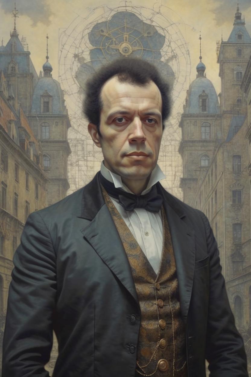 Artificial Intelligence (AI) generated image art, man, aristocrat, 18th century, steampunk, zdzislaw beksinski, mikhail vrubel, hr giger, gustav klimt, symmetry, Dystopian city, high detail