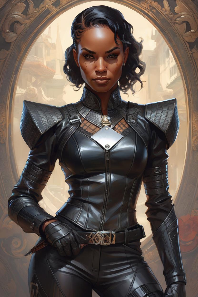 Artificial Intelligence (AI) generated image art, woman, as a heroine in black leather, intricate, elegant, highly detailed, centered, digital painting, artstation, concept art, smooth, sharp focus, illustration, art by artgerm and donato giancola and Joseph Christian Leyendecker, Ross Tran, WLOP