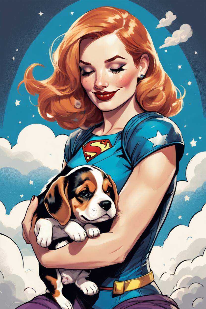 Artificial Intelligence (AI) generated image art, (pin up style style), woman, illustration, DC comics, superhero comics, portrait, woman cuddling a puppy beagle