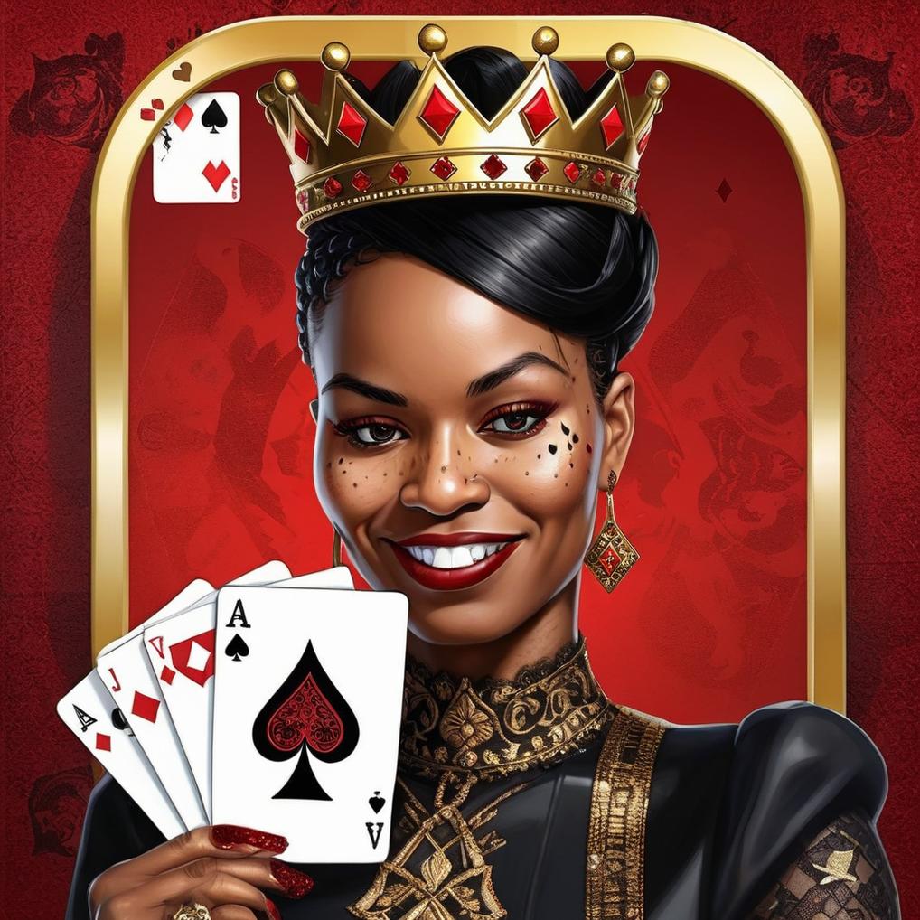 Artificial Intelligence (AI) generated image art, woman, Create a 3D realistic illusion of an authoritative and regal African American queen with a confident and related facial expression, stepping out of a playing card depicting the queen of spades. She is wearing vivid red shoes and has lacquered black fingernails. The environment around her is strewn with decks of playing cards, shimmering diamonds, and gleaming gold coins. She dons a majestic gold crown indicating her status. The overall setting possesses the grandeur and opulence befitting of royalty.