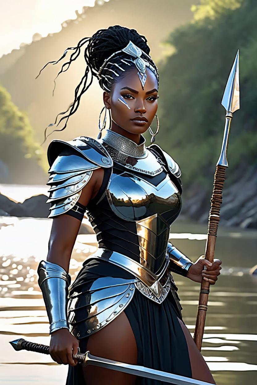 Artificial Intelligence (AI) generated image art, woman, Digital painting of a black princess face forward, clad in a reflective iron breastplate, iron and wood spear in hand, her form outlined against the gentle flow of a river, her presence accentuated by the water's movement, exuding beauty, strength, and majesty against a light backdrop, enhanced by dramatic lighting, highly detailed, ultra realistic.