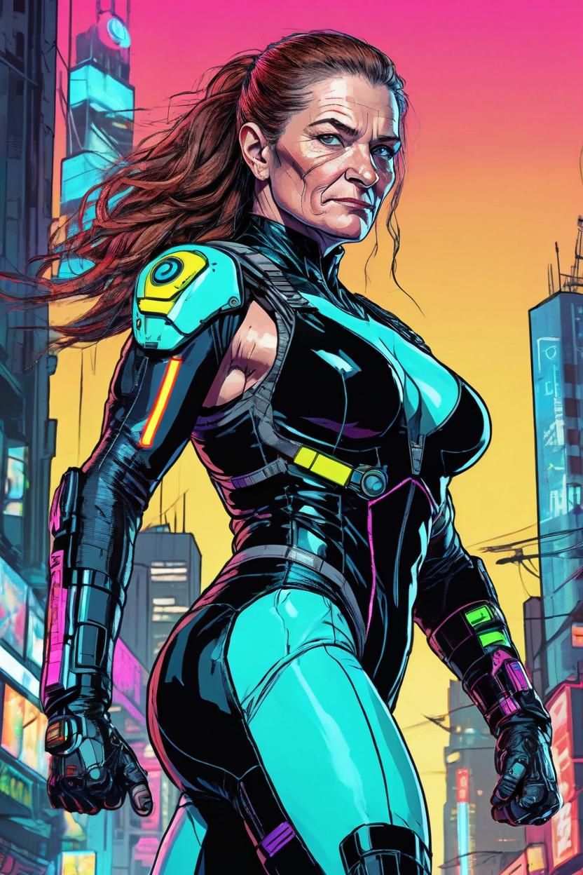 Artificial Intelligence (AI) generated image art, woman, a detailed beautiful woman (((small empty area above top of head))), strong fighting pose, special agent, full body, cyberpunk, bright colors, cartoon, concept art, bold black lines, neon city