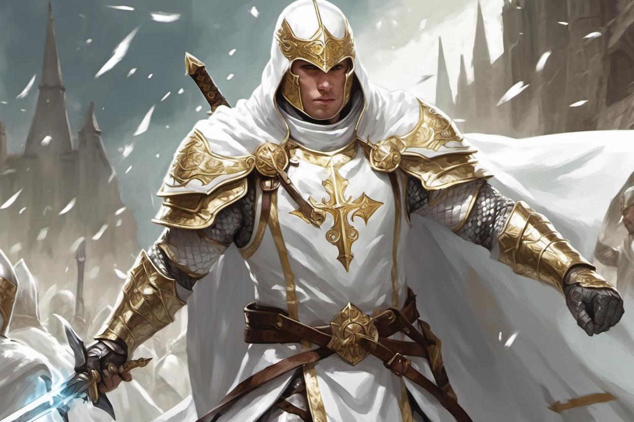 Artificial Intelligence (AI) generated image art, man, fantasy paladin, white and gold armor, white cloak, drawing sword from sheath, in the thick of battle, front lines, leading army, heroic look, D&D 5e art style