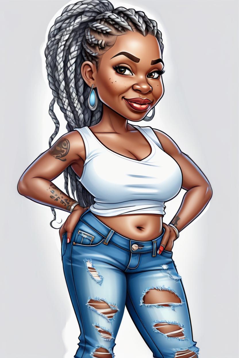 Artificial Intelligence (AI) generated image art, woman, An Airbrush Cartoon Chibi illustration of an African American woman, standing and looking over her shoulder playfully, 8x11 aspect ratio. She's dressed in ripped skinny jeans and a stylish crop top. Her hair is styled in Senegalese twists. Bright white background. (Drawn with) Airbrush techniques, fine detailing, chibi proportions.