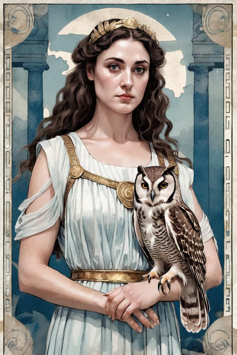 Artificial Intelligence (AI) generated image art, woman, as Greek goddess Athena, holding an owl in one hand, looking  ethereal and serene, in the style of tarot card art