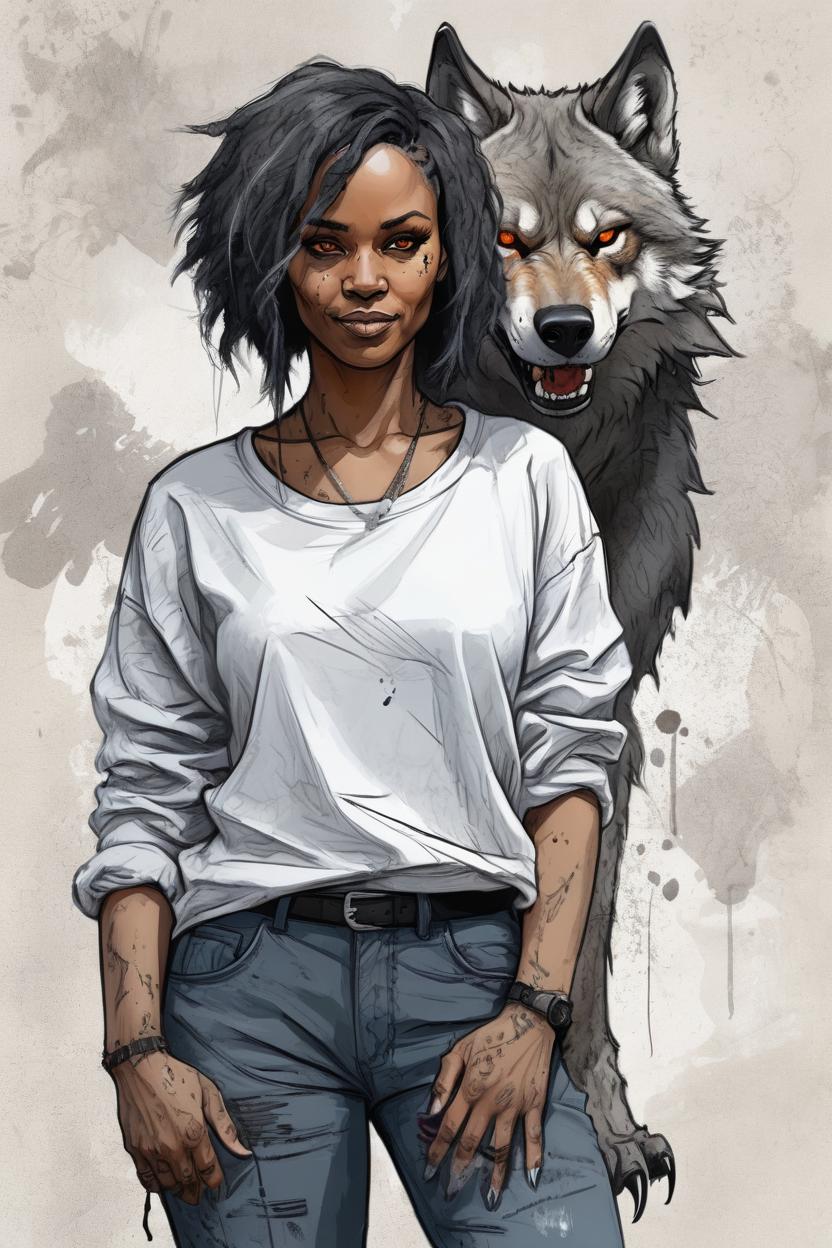 Artificial Intelligence (AI) generated image art, woman, Incredible unfinished paranormal fantasy sketch full-body portrait of a woman in baggy pants with dark tousled short hair, affectionately petting of a large majestic docile bipedal lycanthrope with a wolf-shaped head, human-shaped clawed hands, fur-covered with wolfish legs, amber eyes. Lightly sketched stone and concrete background. Hyperrealistic and hyperdetailed impressionistic masterpiece with color splash and ink splatter