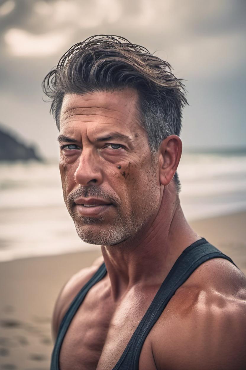 Artificial Intelligence (AI) generated image art, man, The award-winning international photograph captures the image of a rugged, handsome man fitness model with tan skin, brown eyes, and stylish hair. His big hazel eyes reflect a tender and deep gaze as raindrops fall gently on his face on a deserted tropical beach. The photograph, taken with a Canon 50mm lens, shows a dramatic landscape blurred in the background, further highlighting the beauty of the model. Every detail of the image is optimized to the fullest, making this photograph a masterpiece that conveys a sense of delicacy and strength at the same time. amazing\\\\\\\\\\\\\\\"\\\\\\\\\\\\\\\"\\\\\\\\\\\\\\\"