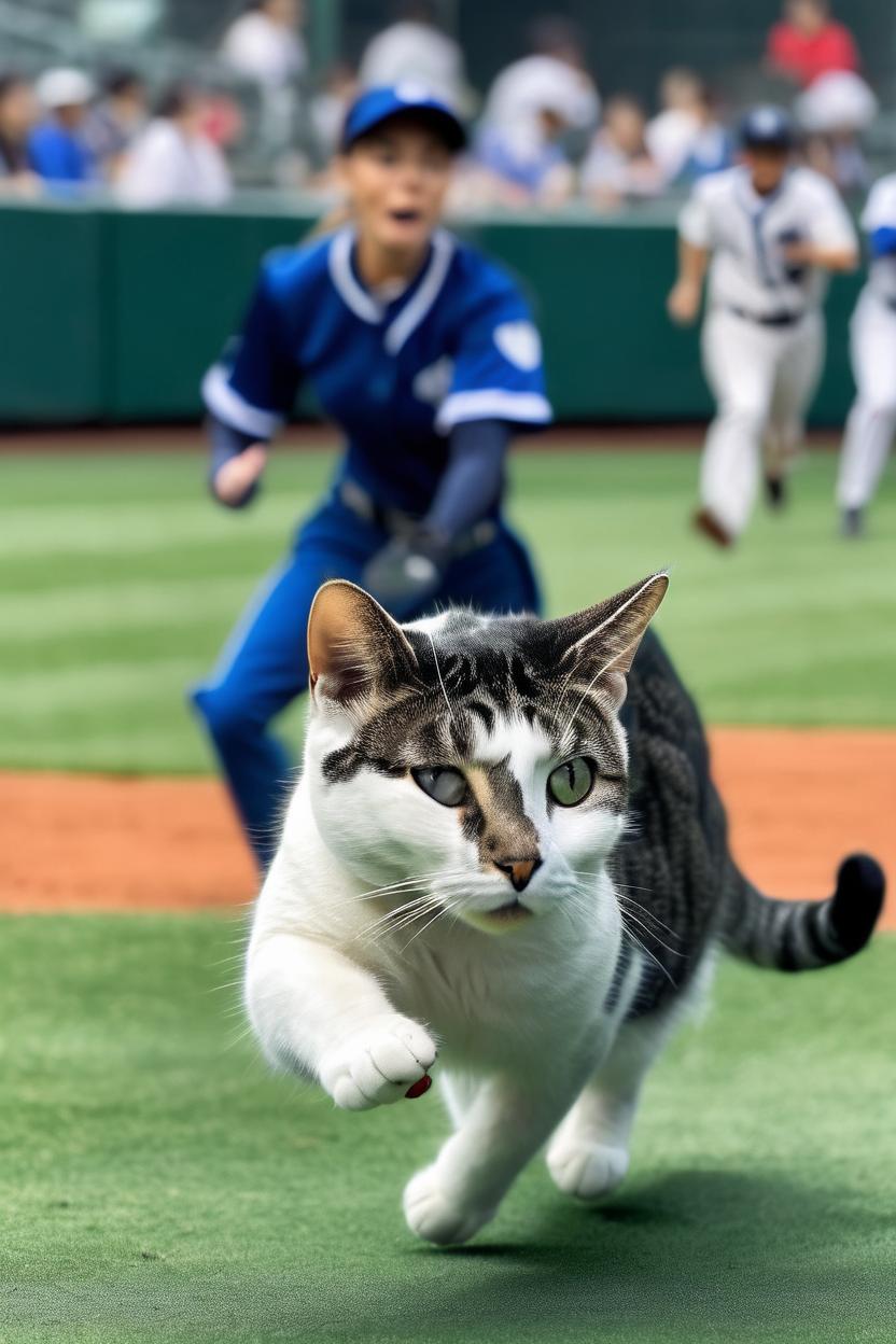 Artificial Intelligence (AI) generated image art, cat, realistic photo, she is being chased by human members of staff in uniforms on a baseball field
