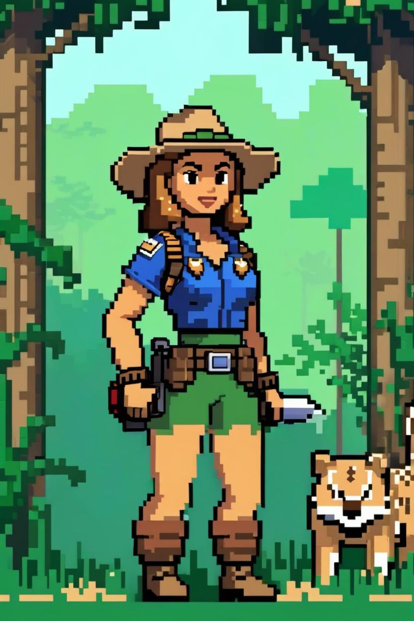 Artificial Intelligence (AI) generated image art, woman, (8 bit pixel art), tan skin, in jungle, as ranger