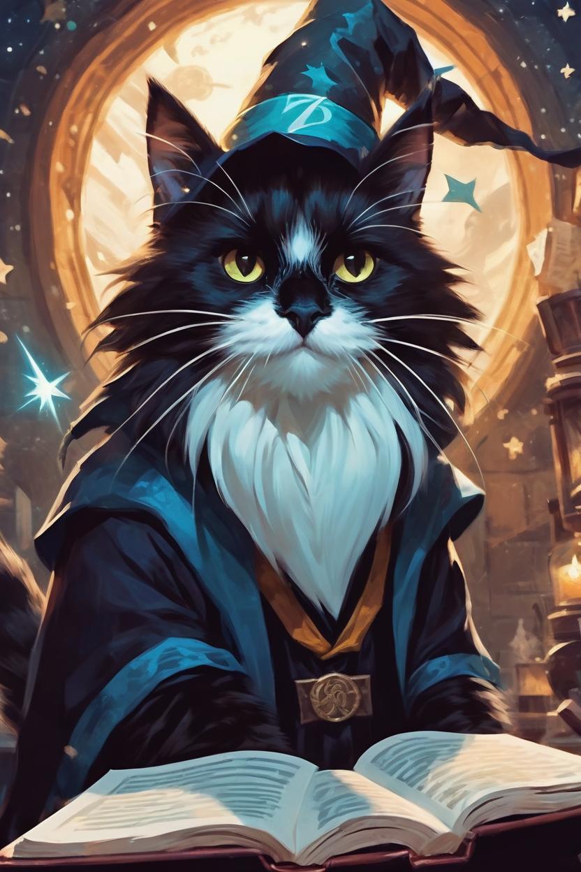 Artificial Intelligence (AI) generated image art, cat as a cute wizard, fantasy art, Harry Potter, medium shot, asymmetrical, intricate, elegant, illustration, by rhads, by greg rutkowski, by greg tocchini, by james gilleard, by joe fenton accurate, realistic, cute, funny, wizard party, Hogwarts, magical cat, starry sky