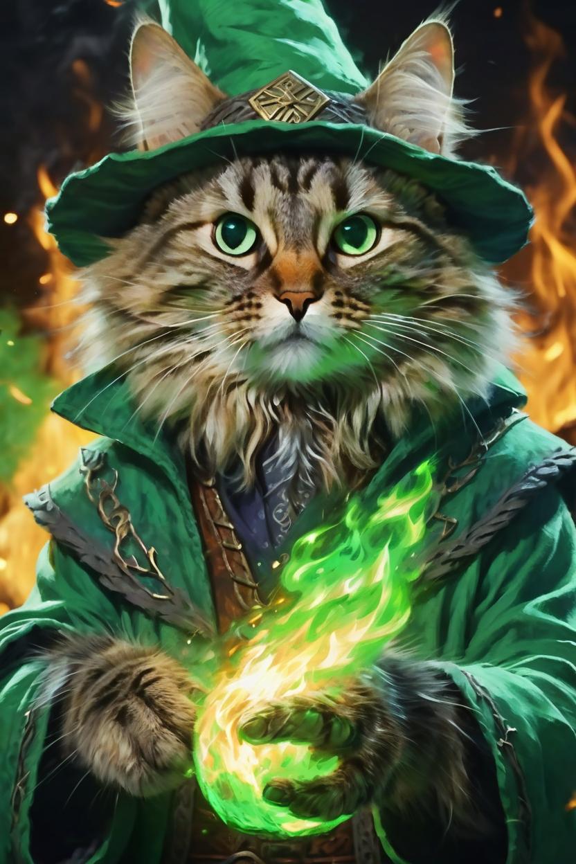 Artificial Intelligence (AI) generated image art, cat, (portrait), fantasy wizard, dnd, (((green fire from hands))), fire everywhere, phoniex, art by Greg Rutkowsi, highly detailed, sharp focus, 4k